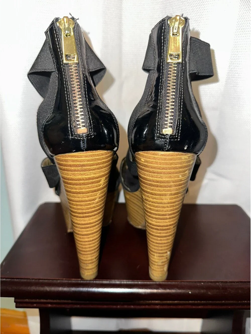 Black High Heel Platform Sandals Wooden Stacked Heels 8 1/2